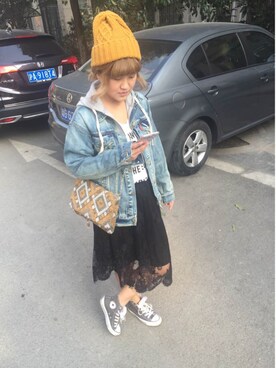 「Ungrid（アングリッド）の 【Casual】ｳﾞｨﾝﾃｰｼﾞGｼﾞｬﾝ （デニムジャケット）」を使った、Vianaさん（レディース・158cm）の冬コーディネート