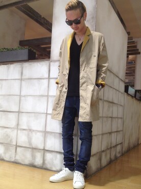 「L.H.P（エルエイチピー）のアイテム（ステンカラーコート）」を使った、Junya Kasugaさん（メンズ・170cm）の春コーディネート