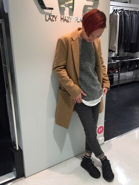 「L.H.P（エルエイチピー）のアイテム（チェスターコート）」を使った、Junya Kasugaさん（メンズ・170cm）の秋コーディネート