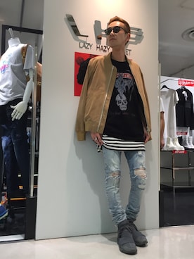 「L.H.P（エルエイチピー）のアイテム（MA-1）」を使った、Junya Kasugaさん（メンズ・170cm）の夏コーディネート