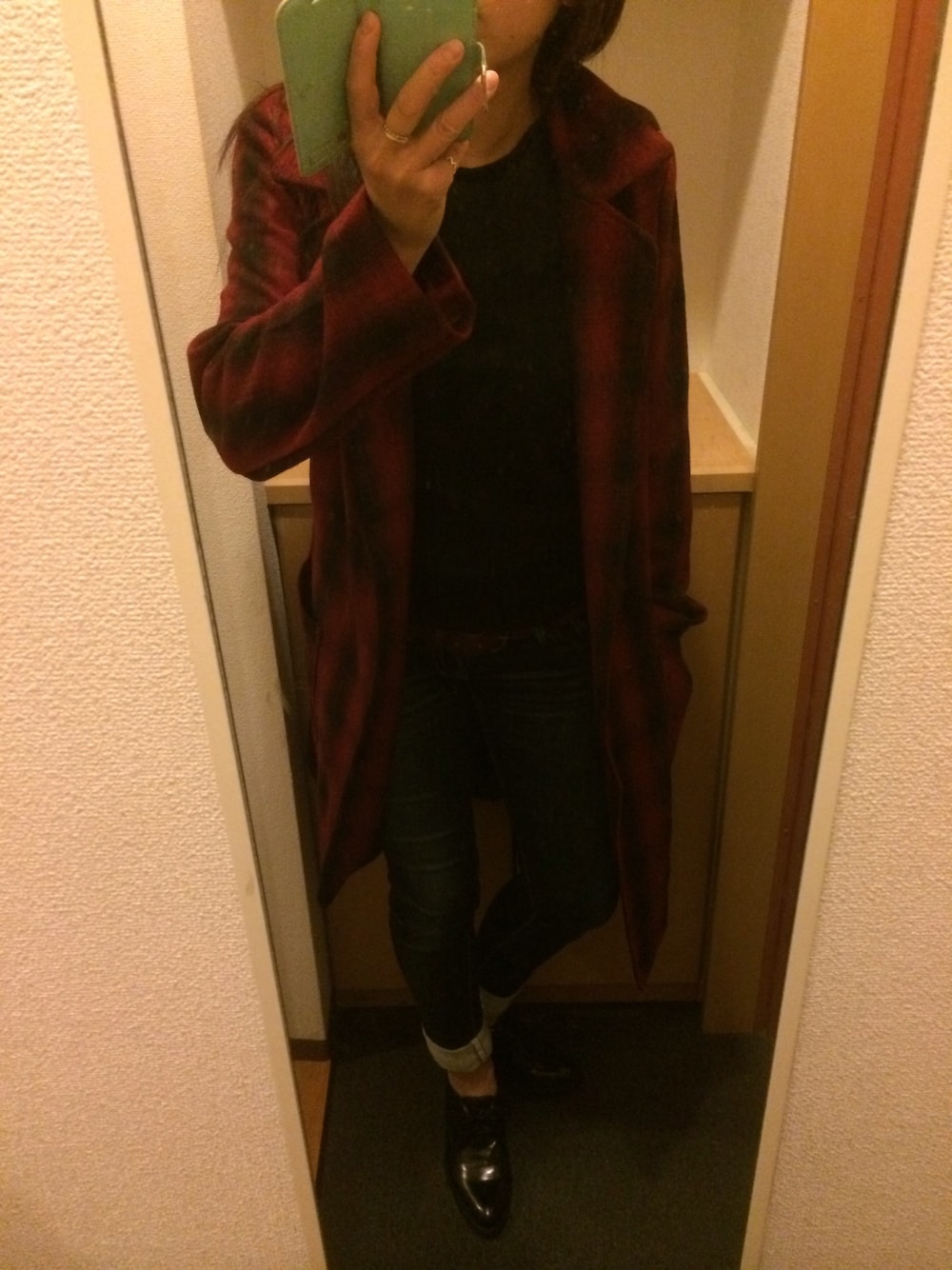 「MOUSSYのSIMPLE LONG LOOSE JK（その他アウター、レッド系）」を使った、むむっさん（レディース・159cm）の秋コーディネートの1枚目の写真