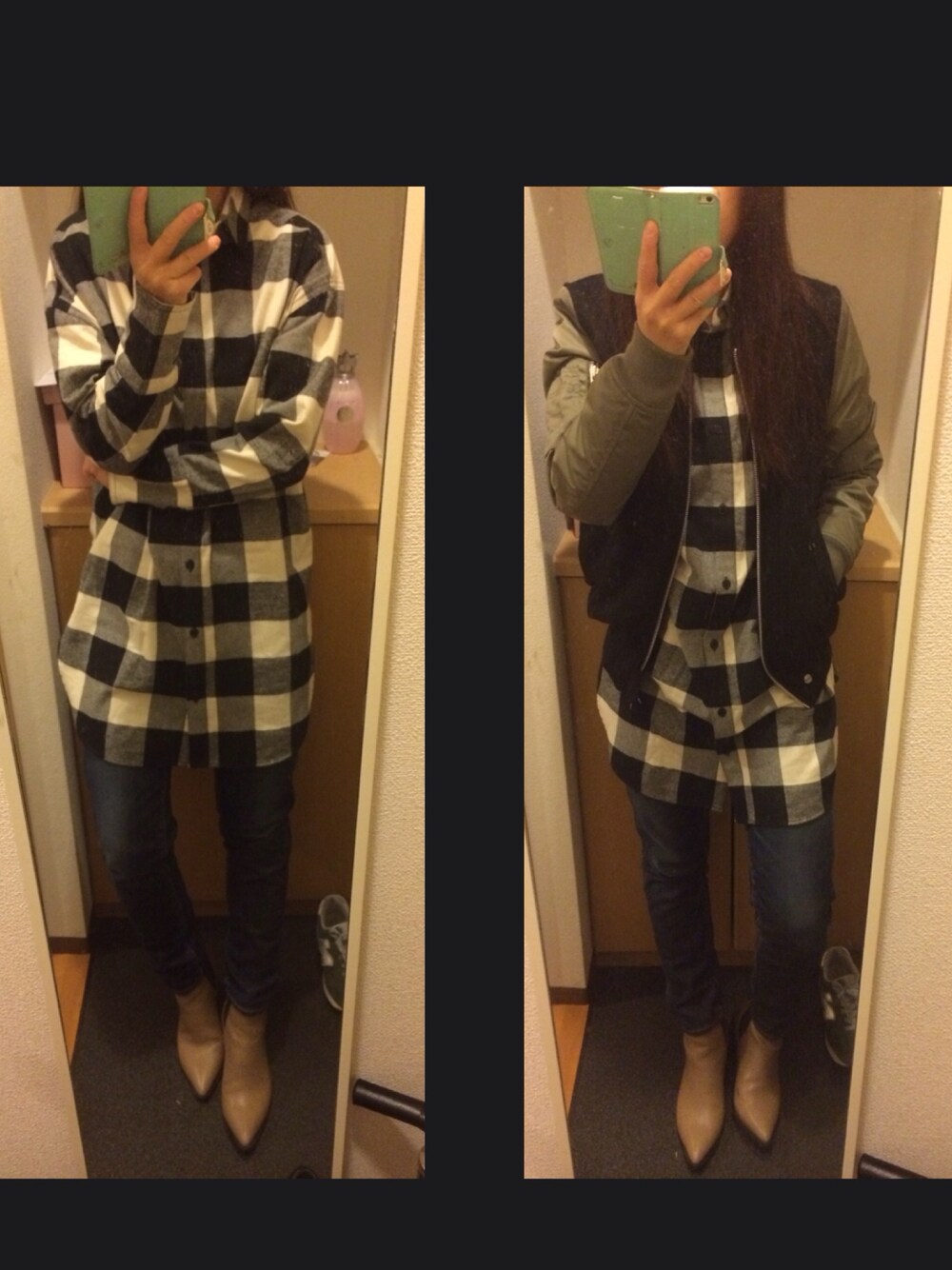 「メンズライク、カジュアル、ブロックチェック、チエックシャツ、MA-1」｜「MOUSSYのEMBROIDERY CHECK SH（シャツ/ブラウス、ブラック系）」を使った、むむっさん（レディース・159cm）の冬コーディネートの1枚目の写真