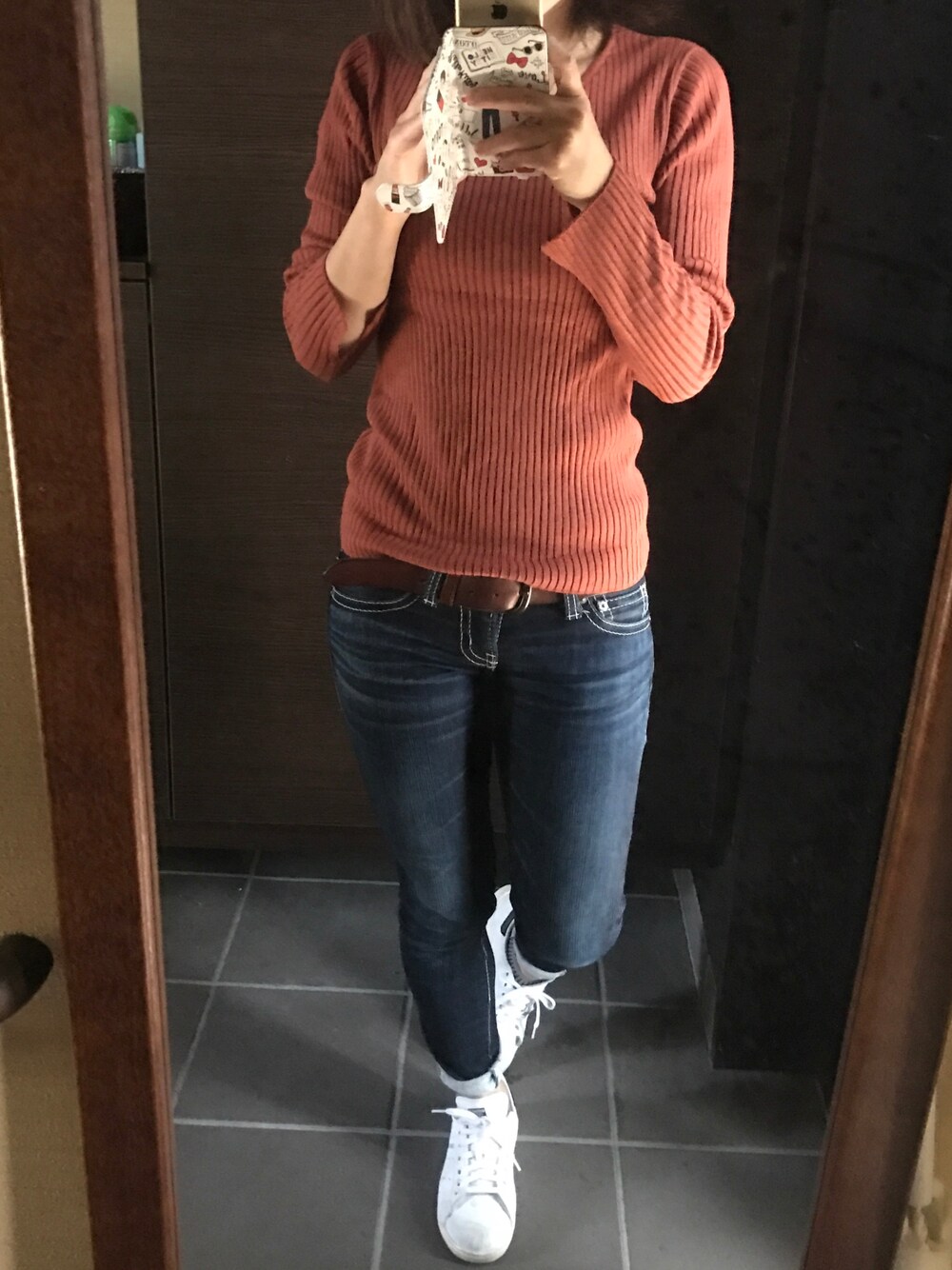 「Ungridのスリットスリーブリブニット（ニット/セーター、オレンジ系）」を使った、むむっさん（レディース・159cm）の秋コーディネートの1枚目の写真
