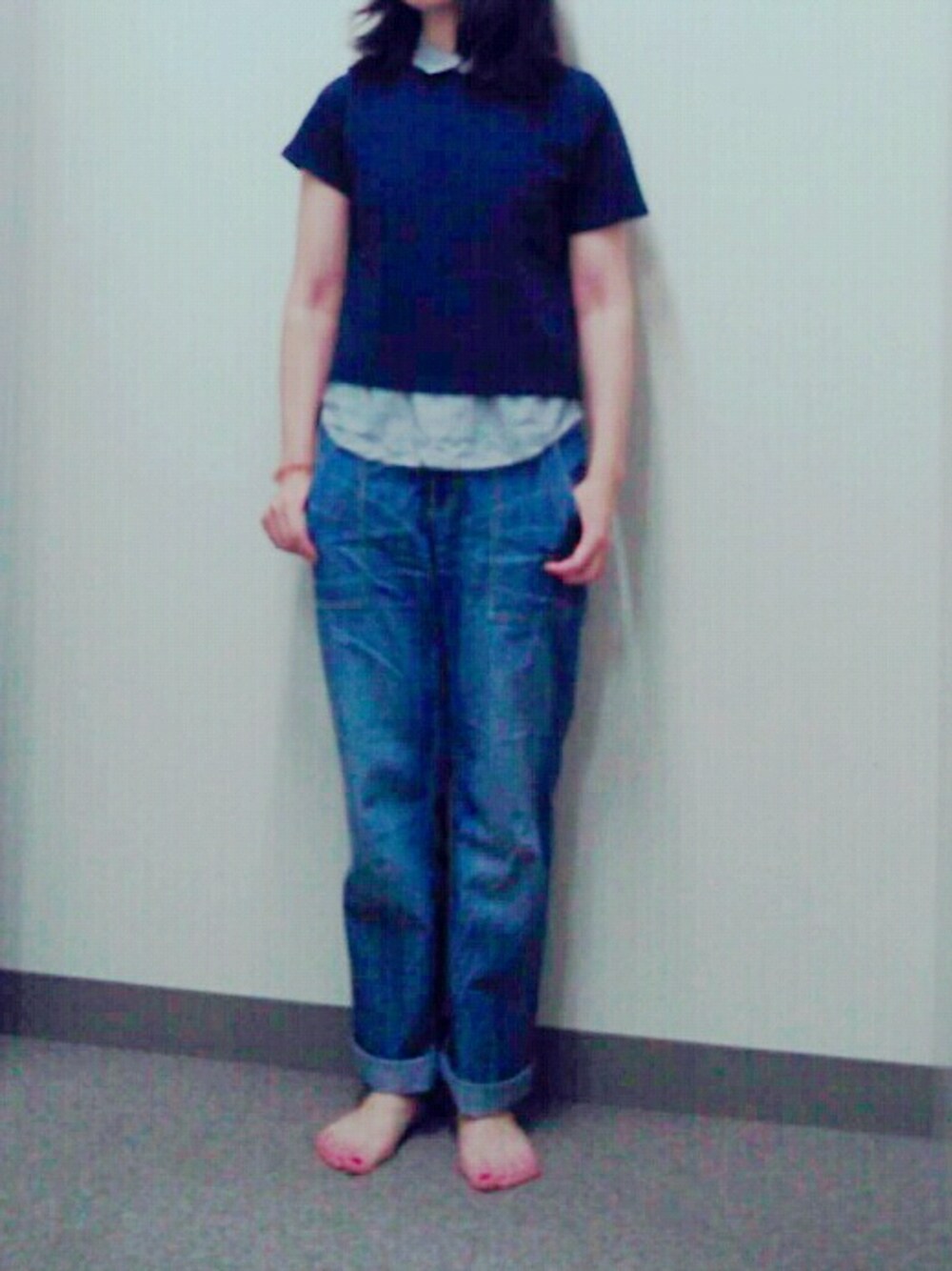 「デニム」｜「URBAN RESEARCHのアイテム（トップス、ブルー系）」を使った、𝗒𝗎𝗄𝖺さん（レディース・168cm）の夏コーディネートの1枚目の写真