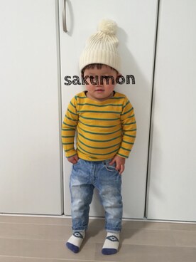 「H&M（エイチ・アンド・エム）のアイテム（デニムパンツ、ブルー系）」を使った、sakumonさん（キッズ・90cm）の冬コーディネート