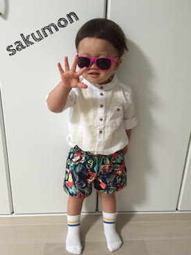 「ZARA KIDSのアイテム（シャツ/ブラウス、ホワイト系）」を使った、sakumonさん（キッズ・90cm）の夏コーディネート