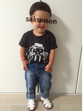 「西松屋（ニシマツヤ）のアイテム（Tシャツ/カットソー、ブラック系）」を使った、sakumonさん（キッズ・90cm）の夏コーディネート