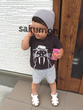 「H&M（エイチ・アンド・エム）のアイテム（パンツ、グレー系）」を使った、sakumonさん（キッズ・90cm）の夏コーディネート