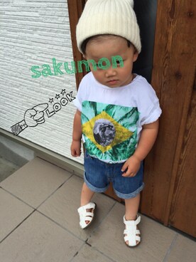 「ZARA KIDSのアイテム（Tシャツ/カットソー、ホワイト系）」を使った、sakumonさん（キッズ・90cm）の夏コーディネート