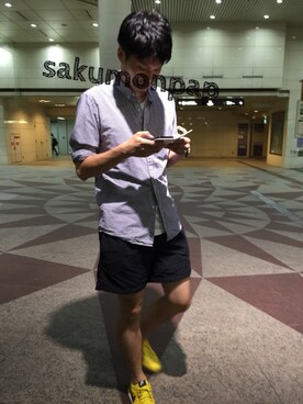 「UNIQLO（ユニクロ）のMEN エクストラファインコットンブロードチェックシャツ（長袖）（シャツ/ブラウス、ブルー系）」を使った、sakumonさん（キッズ・90cm）の秋コーディネート