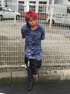 「AG by EXPERIMENT（エージーバイエクスペリメント）のAGbyEXPERIMENT camouflage over S/S BLUE（Tシャツ/カットソー、ブルー系）」を使った、DoctorFeelgoodさんの夏コーディネート
