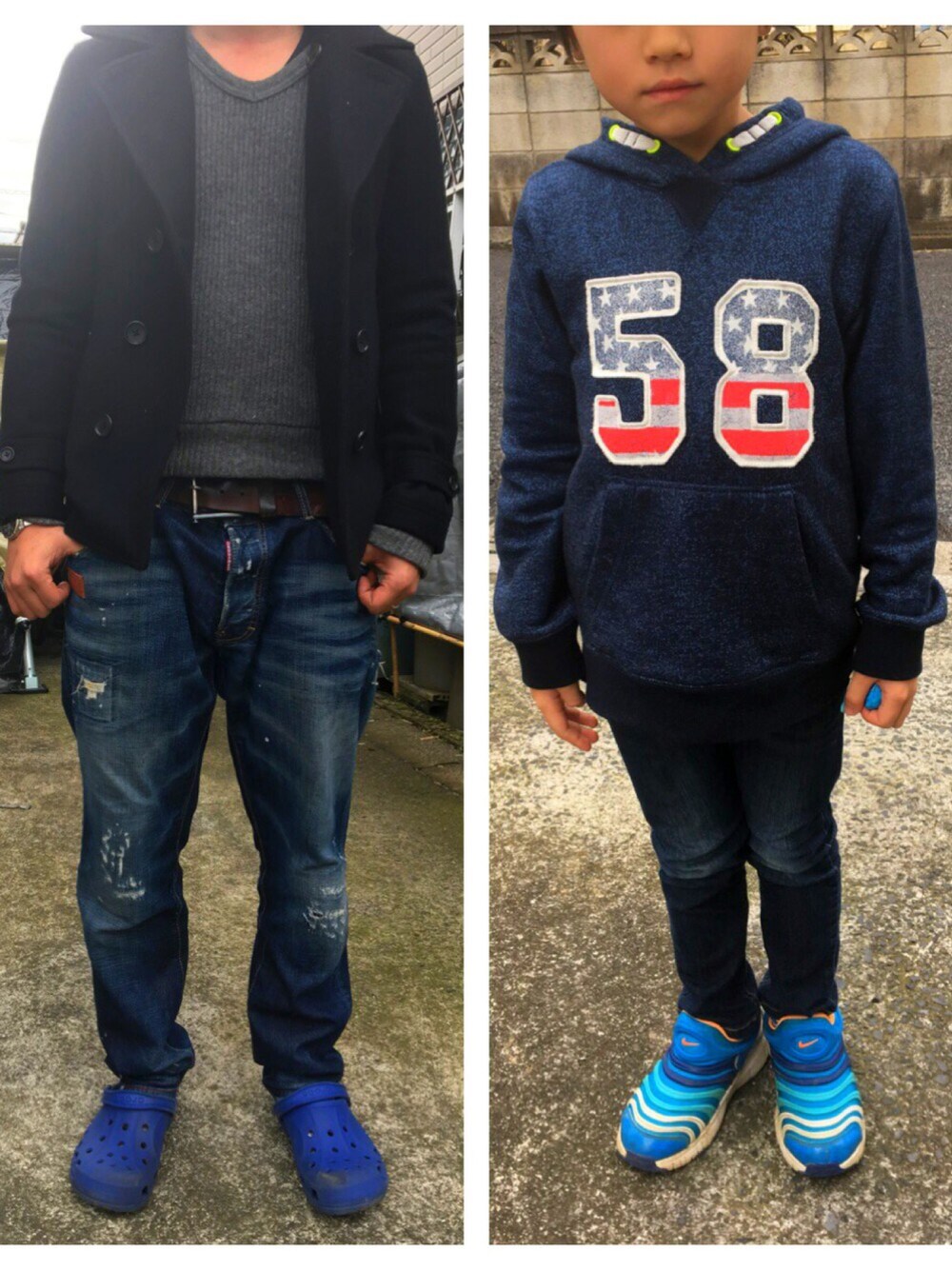 ブラック系のピーコート、ブルー系のデニムパンツ、ブルー系のサンダルを着用したメンズの秋コーディネートの1枚目の写真