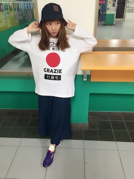 「adidas Originals（アディダスオリジナルス）のアイテム（ハット）」を使った、安卓夫さん（レディース・158cm）の秋コーディネート
