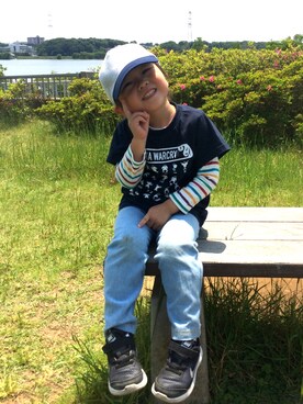 「カンタベリーのアイテム（Tシャツ/カットソー、ブルー系）」を使った、剣ちゃんさん（キッズ・100cm）の夏コーディネート