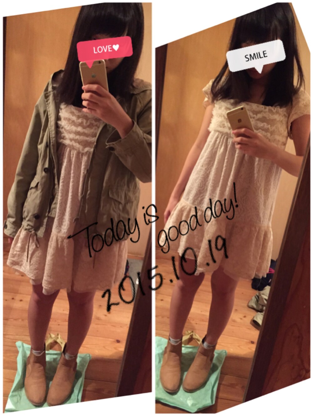 「学校、ショートブーツ、レース、ワンピース、秋のコーデ、秋服、秋コーデ、カーキ、レースワンピース、白ワンピース」｜「NICE CLAUPのアイテム（ワンピース、ホワイト系）」を使った、もこさん（レディース・156cm）の秋コーディネートの1枚目の写真