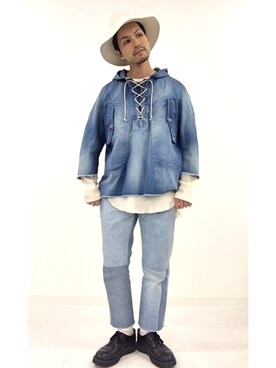 「TALKING ABOUT THE ABSTRACTION（トーキング　アバウト　ジ　アブストラクション）のアイテム（デニムパンツ）」を使った、Shinya Tokunagaさん（メンズ・172cm）の冬コーディネート