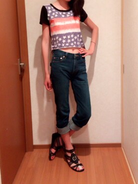 「OLD NAVY（オールドネイビー）のアイテム（デニムパンツ、ブルー系）」を使った、natsumiさん（レディース・169cm）の夏コーディネート