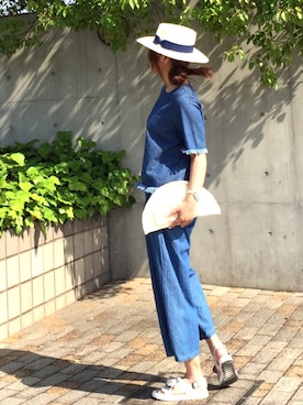 「no brand（ノーブランド）のアイテム（シャツ/ブラウス、ブルー系）」を使った、hoshi_romiさん（レディース・165cm）の夏コーディネート