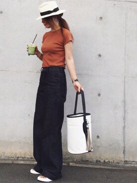 「UNIQLO（ユニクロ）のアイテム（Tシャツ/カットソー、オレンジ系）」を使った、hoshi_romiさん（レディース・165cm）の夏コーディネート