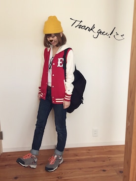 「Champion（チャンピオン）のアイテム（スタジャン）」を使った、ゆりあのこあらさん（レディース・160cm）の冬コーディネート