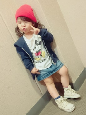 「RCWB（アールシーダブリュービー）のアイテム（帽子）」を使った、SAKUSORAさん（キッズ・90cm）の秋コーディネート