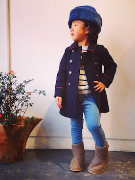 「PETIT BATEAU（プチバトー）のアイテム（ピーコート）」を使った、CALINさん（キッズ・100cm）の秋コーディネート