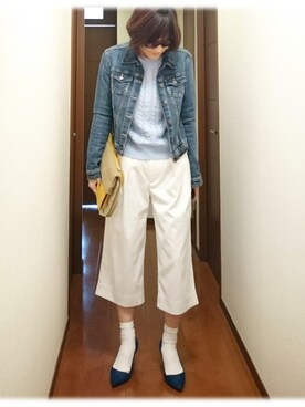 「no brand（ノーブランド）のアイテム（ニット/セーター、ブルー系）」を使った、なおゆう2006さん（レディース・161cm）の春コーディネート