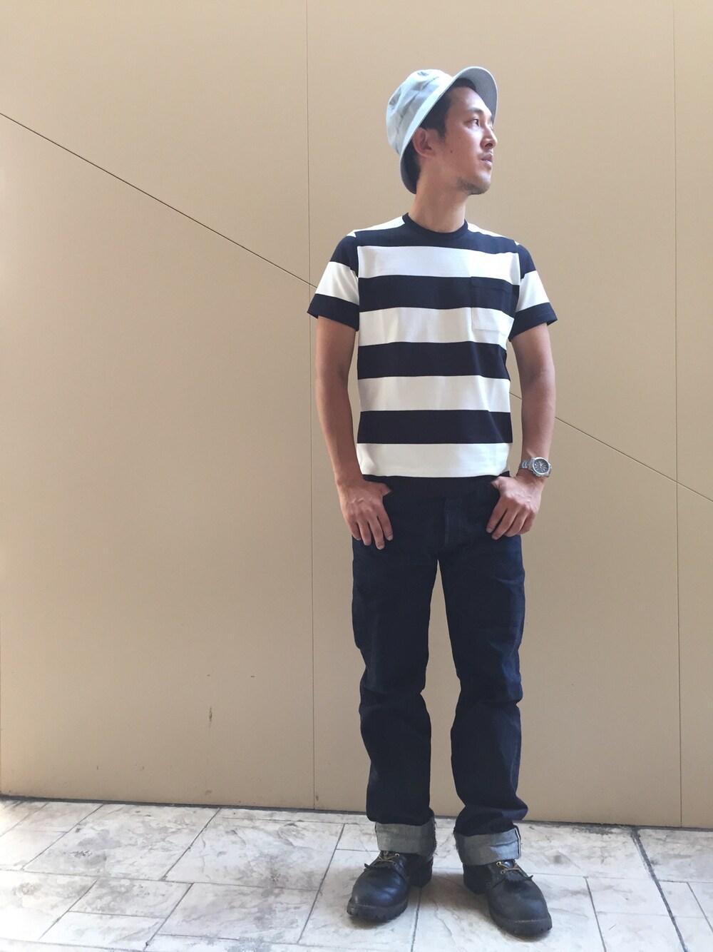 「ドゥニーム、Denime、ハット、帽子、ボーダーTシャツ、XX」｜「DenimeのCHAMBRAY HAT/シャンブレーハット（ハット、ブルー系）」を使った、Denime MOP滋賀竜王店さん（メンズ・178cm）の夏コーディネートの1枚目の写真