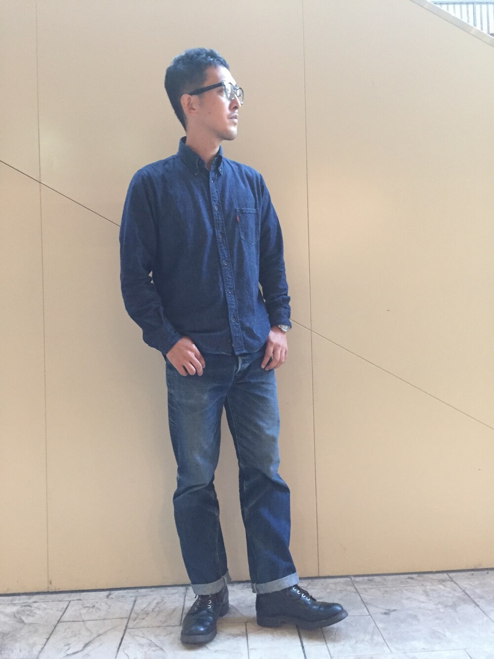「Denime、BDシャツ、デニムシャツ、ドゥニーム、XX」｜「Denimeのアイテム（シャツ/ブラウス、ブルー系）」を使った、Denime MOP滋賀竜王店さん（メンズ・178cm）の秋コーディネートの1枚目の写真