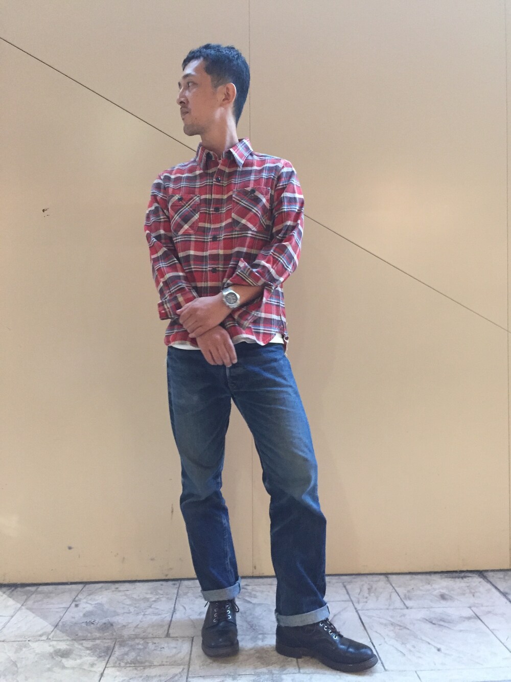 「デニム、Denime、ネルシャツ、ドゥニーム、ネルシャツチェック、XX」｜「HOUSTONのアイテム（シャツ/ブラウス、レッド系）」を使った、Denime MOP滋賀竜王店さん（メンズ・178cm）の秋コーディネートの1枚目の写真