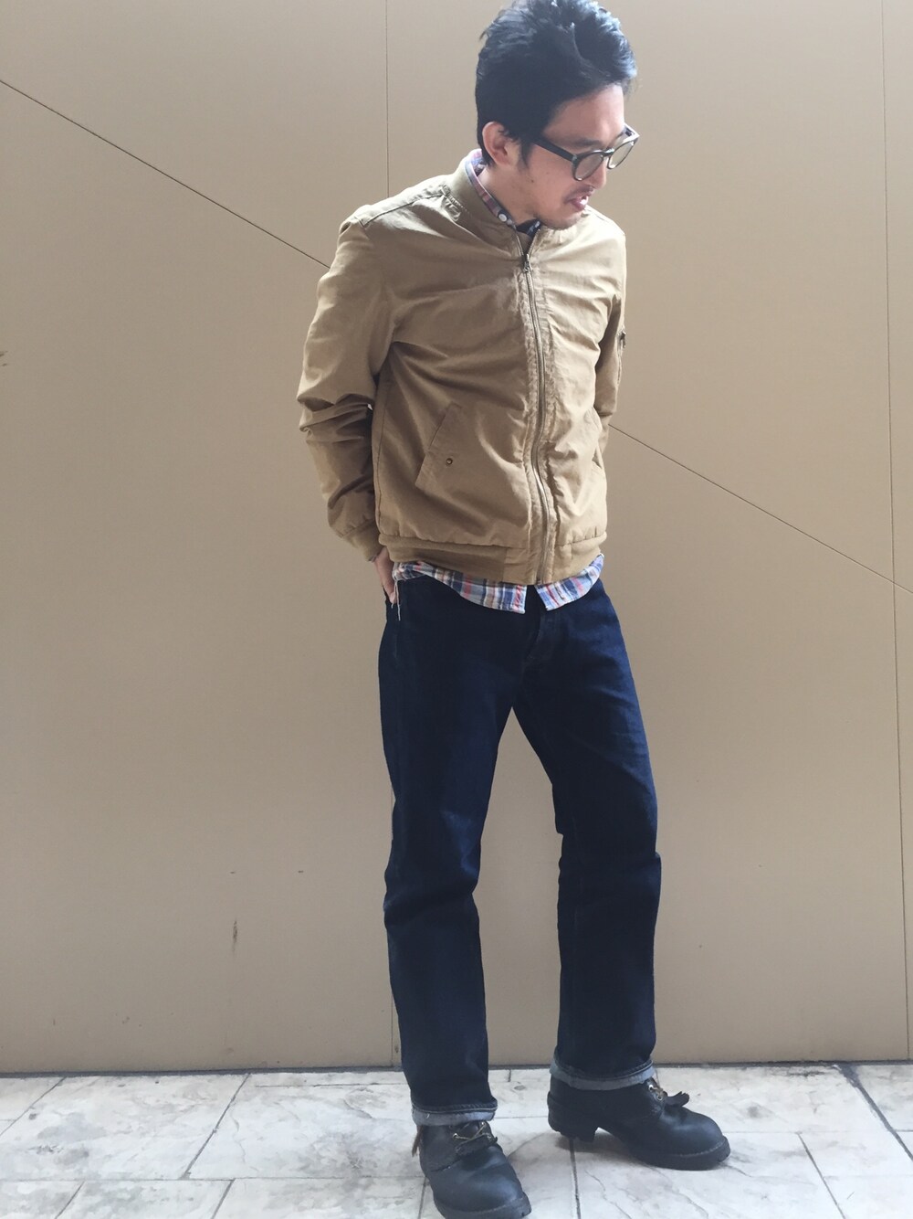 「ブルゾン、Denime、MA-1、定番、ドゥニーム、春色、春コーデ、春ジャケット、XX、MA-1祭り」｜「Made in JAPAN denim (middle straight)のXX type-Non Wash-（デニムパンツ、ブルー系）」を使った、Denime MOP滋賀竜王店さん（メンズ・178cm）の冬コーディネートの1枚目の写真