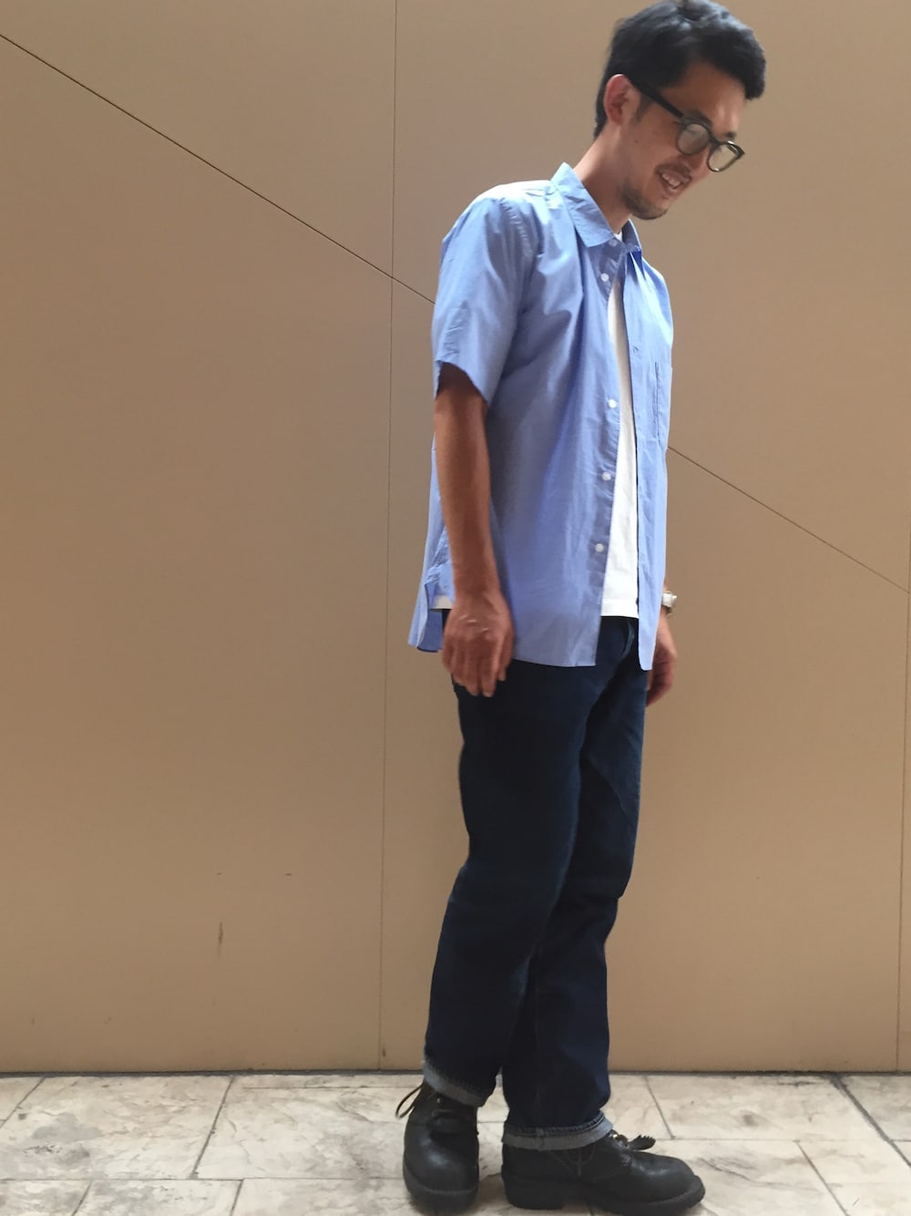 「Denime、ドゥニーム、半袖シャツ、夏コーデ、さわやか、定番、シンプルスタイル、デニム、XX、濃い色デニム」｜「Denimeのブロード半袖シャツ（シャツ/ブラウス、ブルー系）」を使った、Denime MOP滋賀竜王店さん（メンズ・178cm）の夏コーディネートの1枚目の写真