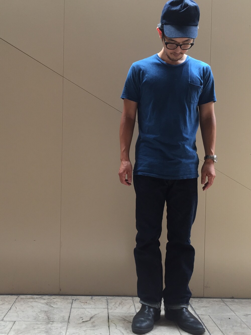 「Denime、ドゥニーム、ベーシック、定番、インディゴ、デニム、denim、ポケットＴシャツ、ポケT、夏コーデ」｜「Denimeのインディゴ　クルーネック　ポケットT（Tシャツ/カットソー、ブルー系）」を使った、Denime MOP滋賀竜王店さん（メンズ・178cm）の夏コーディネートの1枚目の写真