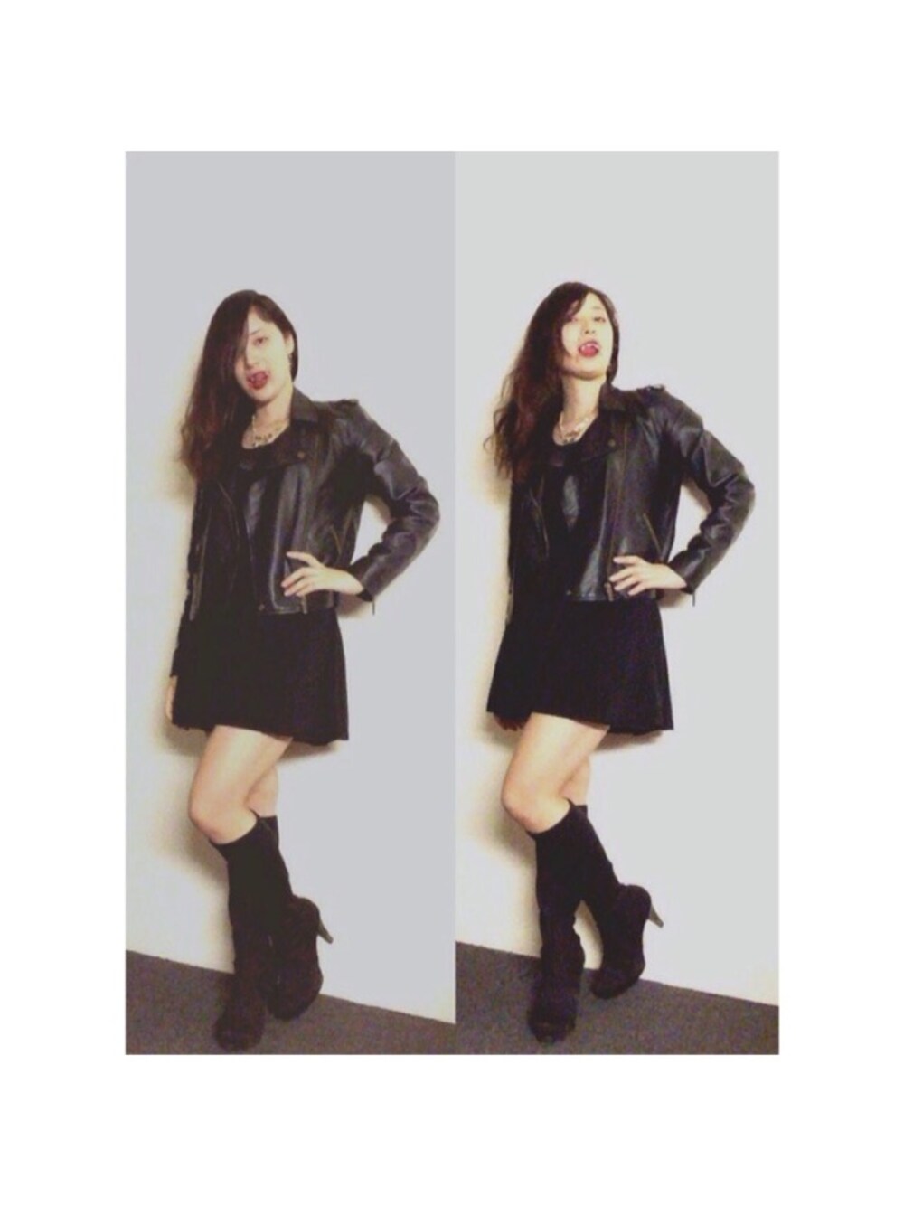 「WEAR HALLOWEEN 2014、Halloween 2014、halloween、ハロウィン、vampire、black、leather jacket、dress、ロングブーツ、LONDON」｜「UNKNOWN.のアイテム（ライダースジャケット、ブラック系）」を使った、manamanaさん（レディース・157cm）の秋コーディネートの1枚目の写真