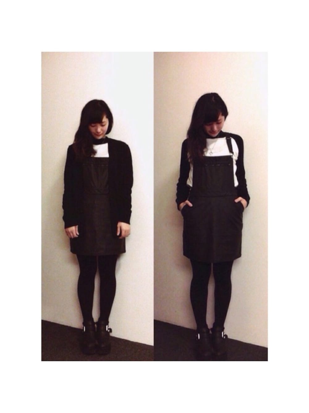 「black and white、白黒、黒、leather、レザー、leather skirt、ジャンパースカート、H&M、アンクルブーツ、地味」｜「UNIQLOのblack cardigan (men's)
（カーディガン/ボレロ、ブラック系）」を使った、manamanaさん（レディース・157cm）の秋コーディネートの1枚目の写真