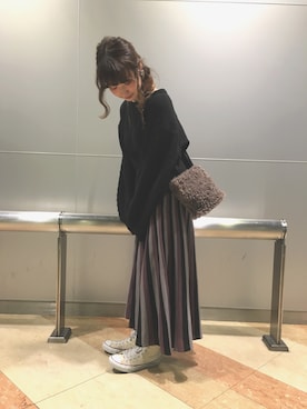 「Kastane（カスタネ）のマルチストライプニットスカート（スカート）」を使った、ひらさわいずみさん（レディース・158cm）の冬コーディネート