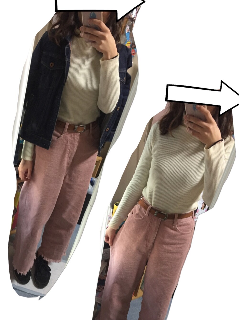 「ピンク、コーデュロイ、ナイキ、スニーカー」｜「earth music&ecologyの【MORE5月号掲載】【宮崎あおいCM着用アイテム】【2016Spring】《バリバリデニム!》デニムＧジャン（デニムジャケット、ブルー系）」を使った、みほさん（レディース・152cm）の秋コーディネートの1枚目の写真
