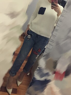 「mo&coのアイテム（デニムパンツ、ブルー系）」を使った、阿miu白白さん（レディース・160cm）の夏コーディネート