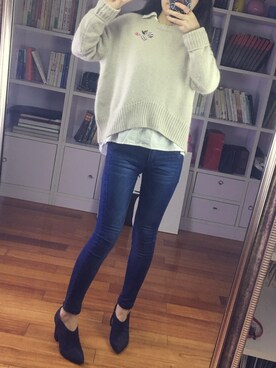 「CELINE（セリーヌ）のアイテム（トップス、ベージュ系）」を使った、阿miu白白さん（レディース・160cm）の秋コーディネート