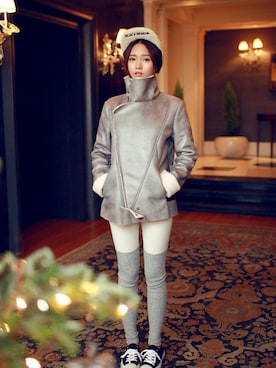 「Chuu」｜「アイテム（ライダースジャケット）」を使った、nana7さん（レディース・163cm）の冬コーディネート
