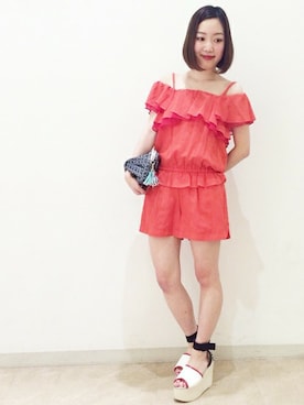 「red」｜「アイテム（つなぎ/オールインワン）」を使った、tamayaさん（レディース・159cm）の夏コーディネート