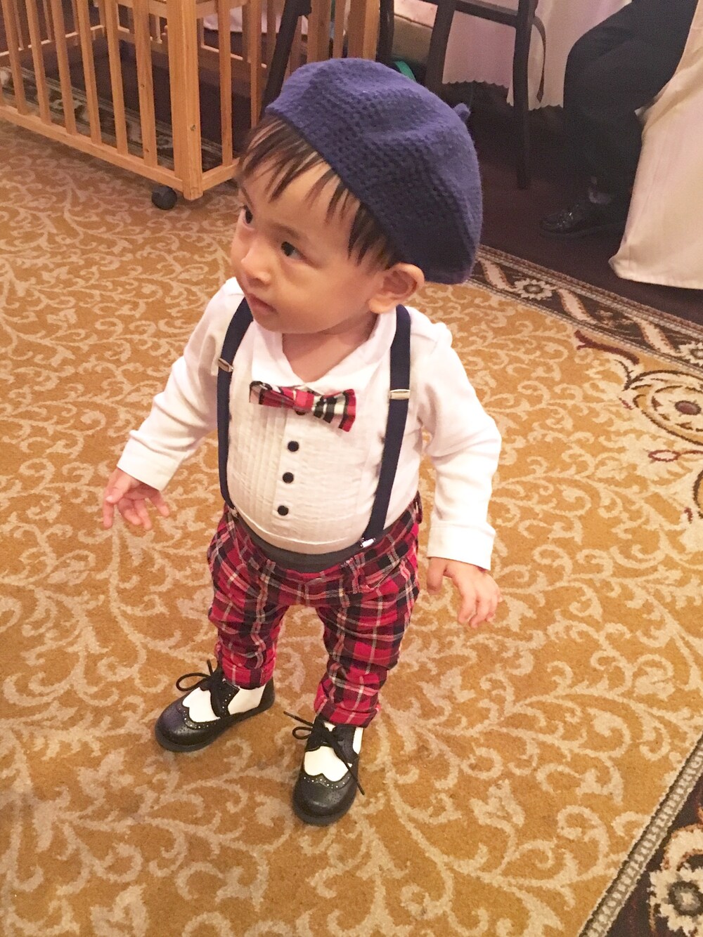 「結婚式スタイル、結婚式、結婚式コーデ、1歳、1歳2ヶ月、男の子」｜「Handmadeのアイテム（ハンチング/ベレー帽、ブルー系）」を使った、RAYさん（キッズ・80cm）の秋コーディネートの1枚目の写真