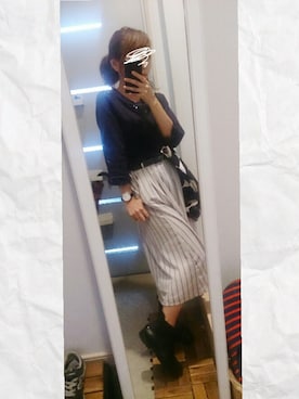 「GU（ジーユー）の（GU）イージードレープガウチョパンツ（ストライプ）（パンツ、ホワイト系）」を使った、ぽっちさん（レディース・143cm）の夏コーディネート