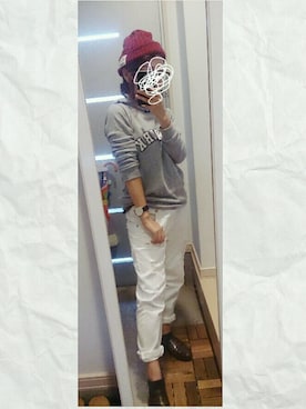 「AZUL by moussy（アズールバイマウジー）の裏毛NEWYORKサガラ刺繍星柄パーカー（パーカー、グレー系）」を使った、ぽっちさん（レディース・143cm）の秋コーディネート