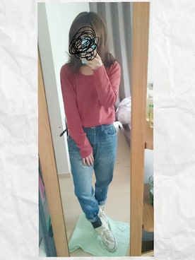 「イーザッカマニアストアーズのアイテム（ニット/セーター、レッド系）」を使った、ぽっちさん（レディース・143cm）の冬コーディネート