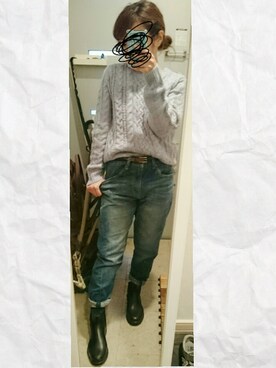 「GLOBAL WORK（グローバルワーク）の5ゲージアルパカコンケーブルプルオーバー/567407（ニット/セーター、ブルー系）」を使った、ぽっちさん（レディース・143cm）の冬コーディネート