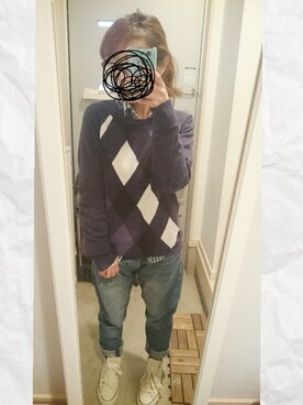 「H&M（エイチ・アンド・エム）のアイテム（ニット/セーター、ブルー系）」を使った、ぽっちさん（レディース・143cm）の冬コーディネート