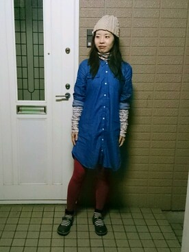 「タイツ×靴下」｜「アイテム（シャツワンピース）」を使った、tomo(お休み中) さん（レディース・165cm）の冬コーディネート