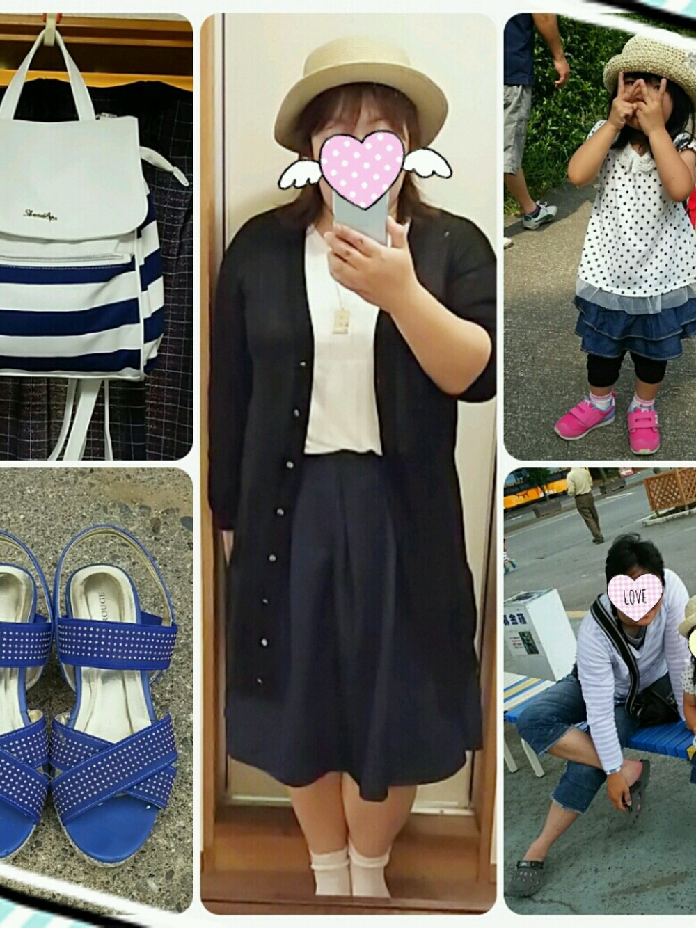 「家族コーデ、ママ、デニム、カンカン帽、大きいサイズ、ぽっちゃり、マシュマロ女子、でぶ」｜「CHU XXXのアイテム（トップス、ホワイト系）」を使った、あおい～さん（レディース・155cm）の夏コーディネートの1枚目の写真