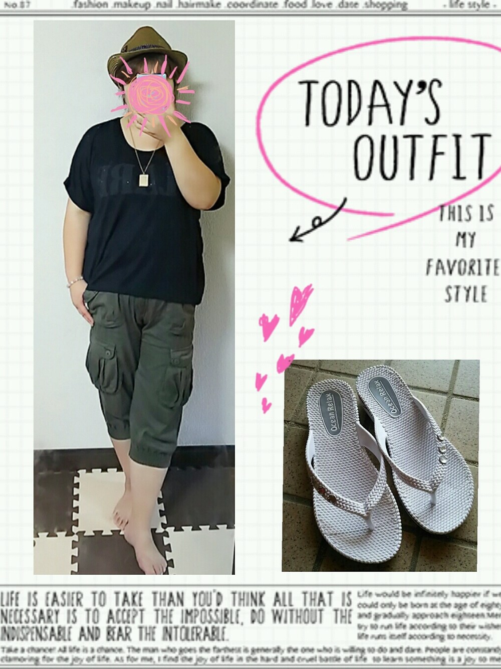 「アベイル、UNIQLO、Tシャツ、カーゴパンツ、サンダル、中折れハット、ぽっちゃり、大きいサイズ、ママ、アラフォー」｜「aveilのアイテム（トップス、ブラック系）」を使った、あおい～さん（レディース・155cm）の秋コーディネートの1枚目の写真